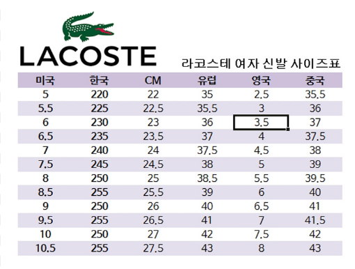 라코스테 신발사이즈표 여자 남자 아동화 운동화 단화 치수 구매팁